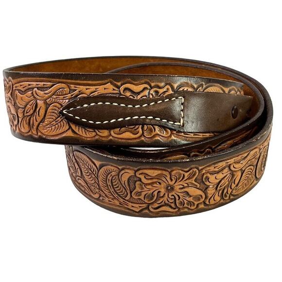 Justin Mens Tooled Western Leather Belt Strap Brown Floral Top Grain Cowhide 46 - Picture 1 of 16